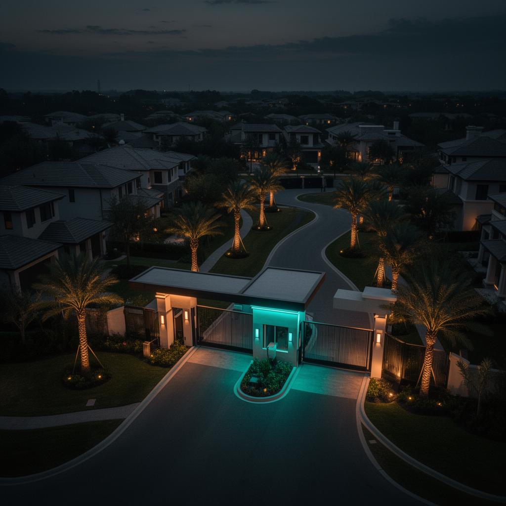 Aerial view of secured gated community at dusk