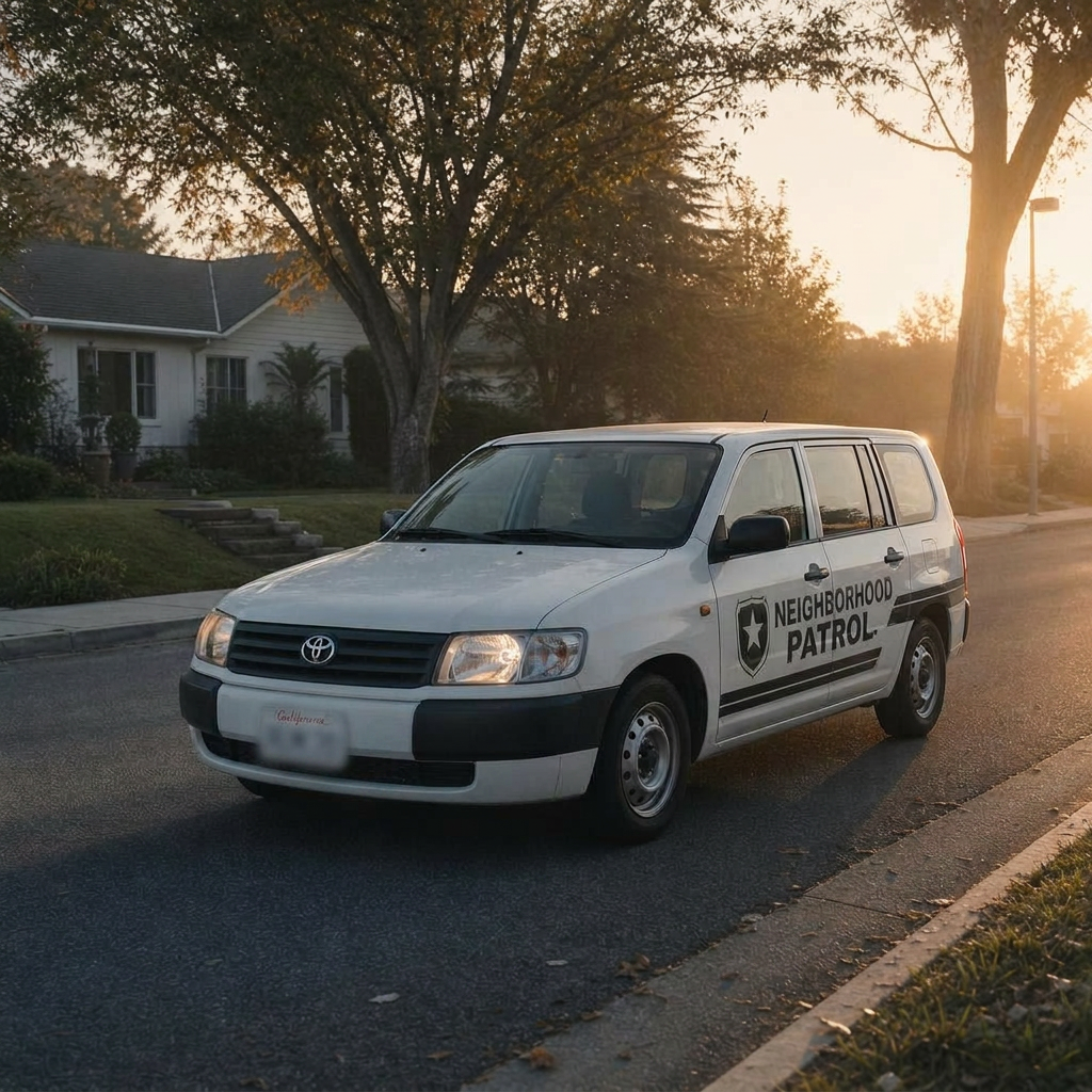 Toyota Probox Neighborhood Patrol van on dawn loop