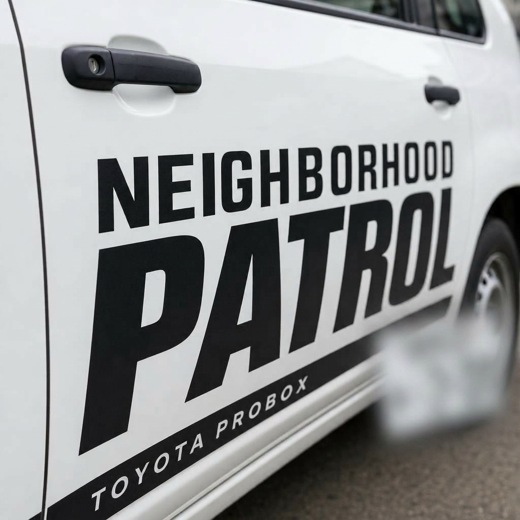 Close-up of Neighborhood Patrol lettering on Toyota Probox side door wrap
