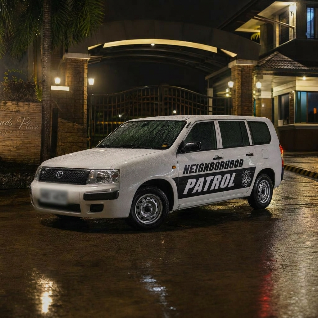 Toyota Probox Neighborhood Patrol van at gated entrance after rain