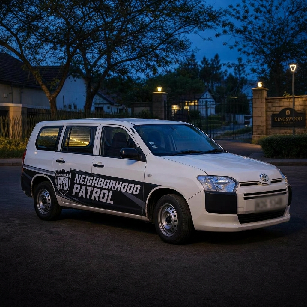 White Toyota Probox with Neighborhood Patrol wrap parked at dusk